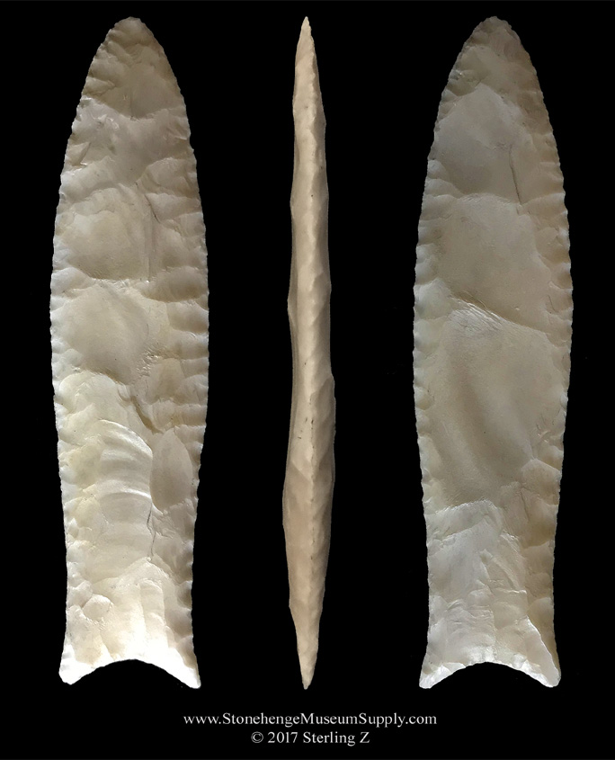 Clovis point lithic cast for sale.  Here is an exceptional Clovis point lithic casting by Sterling Z - Stonehenge Museum Supply. Paleo Clovis point cast for sale.