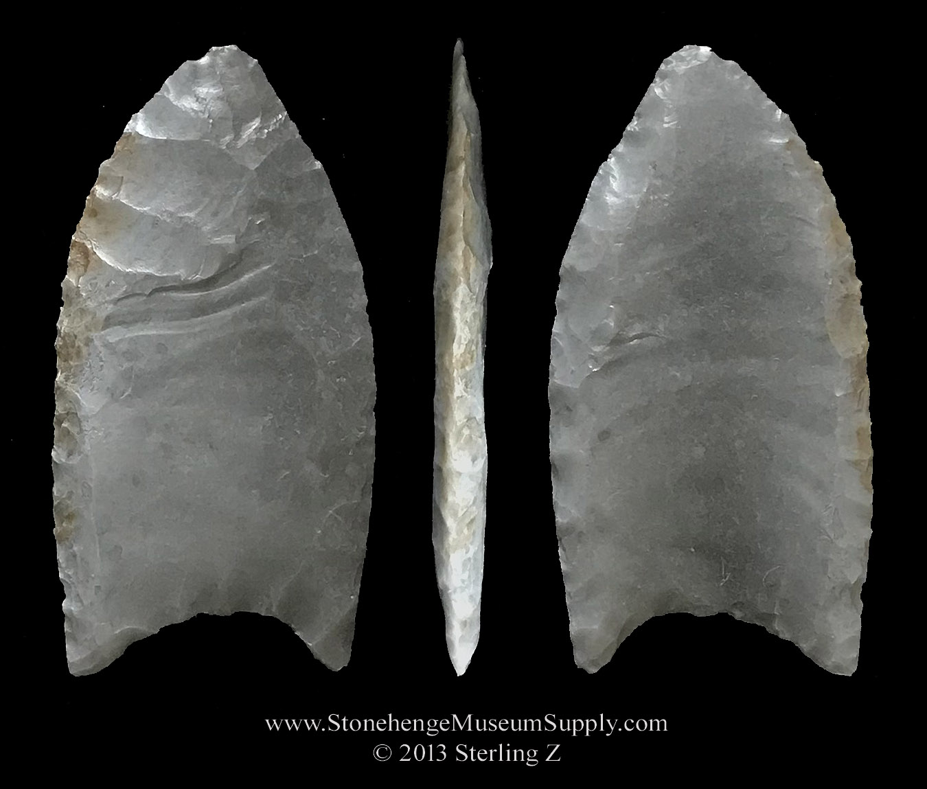 Folson point lithic cast - Folsom point for sale - lithic cast - Dana Harper Texas Folsom Lithic Cast - Paleo Lithic casts for sale - Clovis Folsom Sterling Z Stonehenge Museum Supply arrowheads for sale